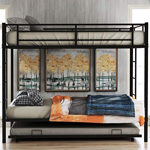 Metal Twin Over Twin Bunk Beds with Trundle Bed Twin Bunk Beds for Kids No Box Spring Required (Black (Twin Bunk with Trundle))