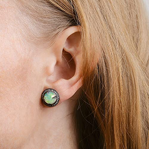 Large Round Opal Stud Earring- Real Opal Pave Diamonds- Oxidized Sterling Silver 10mm- October Birthstone Birthday Women's Jewelry Gift Idea-Holiday