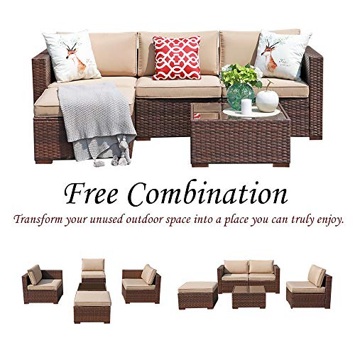Super Patio Outdoor Patio Furniture Set, 5pc PE Wicker Rattan Sectional Furniture Set with Cushions and Coffee Table, Brown