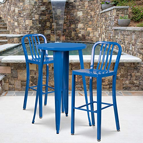 Flash Furniture Commercial Grade 2 Pack 30" High Blue Metal Indoor-Outdoor Barstool with Vertical Slat Back