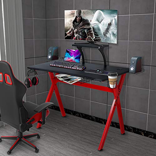 LAZZO X Type Computer Gaming Desk 41" Home Game Table Desk with Display Support Plate, Cup Holder and Headphone Hook,Gamer Workstation, Curved Front Desktop,Red & Black Design(41" Wx23.5 D)