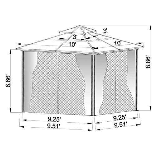 MASTERCANOPY Hardtop Gazebo PatioPolycarbonate Gazebo Canopy with Brown Mosquito Netting Screen Walls Curtains,DL-D33(10ft×10ft)
