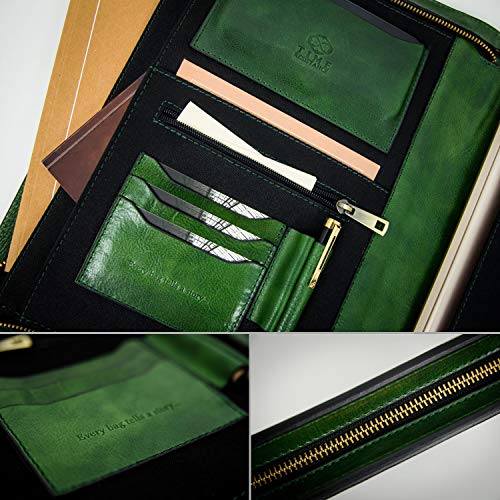 Leather Portfolio Document Folder Handcrafted Case Green Time Resistance