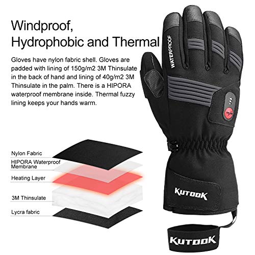 KUTOOK Electric Heat Gloves Rechargeable Battery Heated Gloves Waterproof Windproof in Winter Cold Weather Men Women Black Large