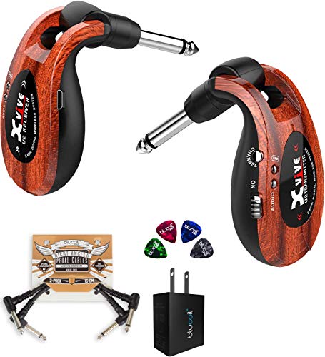Blucoil Wireless Guitar System Rechargeable 2.4GHz Digital Transmitter & Receiver W/ USB Wall Adapter 2 Pedal Patch Cables & 4 Celluloid Picks