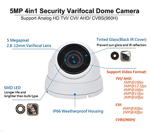 101AV 5 Megapixel 4in1 TVI/AHD/CVI/CVBS(960H) 2.8-12mm Lens Security Surveillance Dome Camera DWDR IR Cut OSD menu for Indoor Outdoor CCTV Home Office (White) (3 Pack)