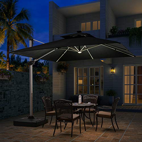 PURPLE LEAF 11Feet Double Top Deluxe Solar Powered LED Offset Hanging Umbrella, Navy Blue