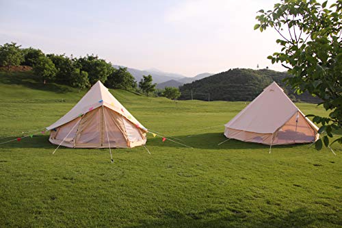 PlayDo 4-Season Waterproof Cotton Canvas Bell Tent Wall Yurt Tent with Stove Hole for Outdoor Camping Hunting Hiking Festival Party (with Big Windows&Stove Hole, 5M/16.4ft)