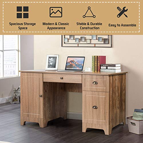 Tangkula 59 Inches Computer Desk, Wood Executive Desk Home Office Desk with Storage Drawers & Cabinet, Writing Study Table Computer Workstation, PC Laptop Desk for Bedroom & Office (Natural)