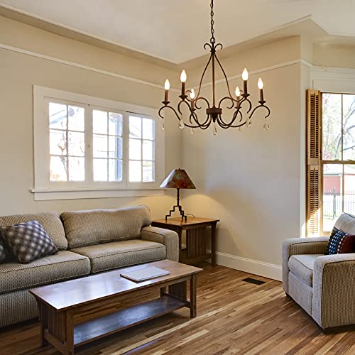 LALUZ Rustic Farmhouse Chandelier, 6-Light Bronze French Country Chandeliers with Crystal Pendants for Dining Room, Living Room, Kitchen, 28''