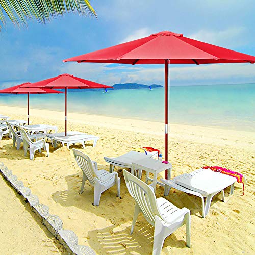 LEGENDARY-YES 9' Foot Red Polyester Umbrella 8-Rib Solid Sycamore Wood Pole Pulley for Outdoor Patio Furniture Overhead Cover Canopy UV Protection Sun Shade Café Shop