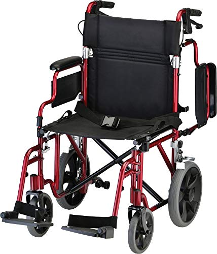 NOVA Lightweight Transport Chair with Locking Hand Brakes, 12” Rear Wheels, Removable & Flip Up Arms for Easy Transfer, Anti-Tippers Included, Red