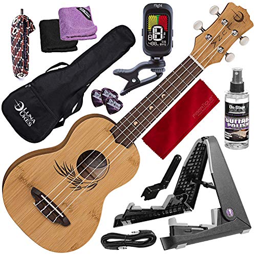 Luna Bamboo Concert Ukulele, UKE BAMBOO C with Elastic Flat Capo and Guitar Stand Complete Accessory Pack
