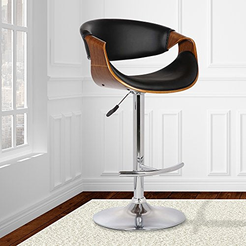 Armen Living Butterfly Swivel Adjustable Barstool in Black Faux Leather and Walnut Wood Finish
