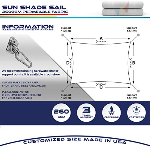 Windscreen4less Terylene Waterproof Sun Shade Sail UV Blocker Rectangle Sunshade Patio Canopy Sail 9' x 24' in Color Light Grey Included Free Pad Eyes 260GSM - Customized Sizes