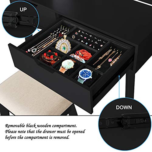 Vanity Set with Moving Mirror & Cushioned Stool Dressing Table Vanity Makeup Table, 2 Sliding Drawers,5 Storage Shelves, Jewelry Armoire Makeup Organizer Vanity Desk (Black)