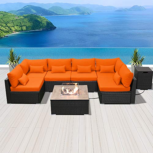 Modenzi Outdoor Sectional Patio Furniture W/ Propane Fire Pit Table Espresso Brown Wicker Resin Garden Conversation Sofa Set
