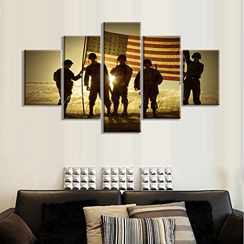 Large USA US American Military Soldiers Army Flag Wall Art Canvas Prints Home Decor Pictures Decals for Living Room Bedroom Office 5 Panel Poster Paintings Wooden Framed Ready to Hang (70"Wx40"H, 24)