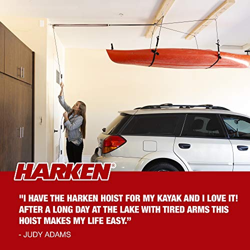 HARKEN - Kayak Overhead Garage Storage Hoist, Self-Leveling, Safe Anti-Drop System, Easy One-Person Operation, Smart Garage Organization