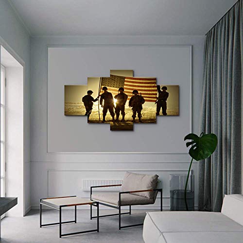 Large USA US American Military Soldiers Army Flag Wall Art Canvas Prints Home Decor Pictures Decals for Living Room Bedroom Office 5 Panel Poster Paintings Wooden Framed Ready to Hang (70"Wx40"H, 24)