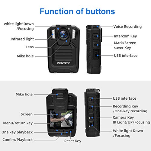 1296P Body Camera for Law Enforcement, Wandwoo Police Camera with 128GB Memory Infrared Night Vision Wide Angle IP66 Waterproof Photo Video Audio Recorder 2inch Display for Law Enforcement