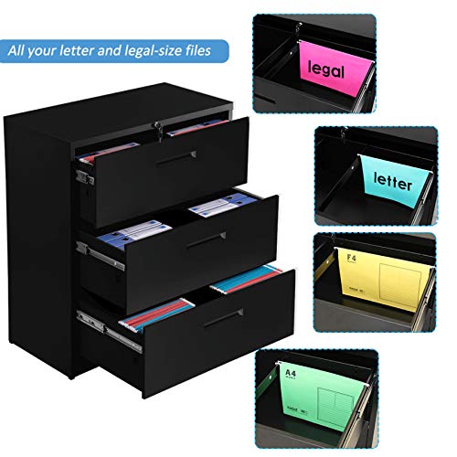 Lateral File Cabinet 3 Drawers with Lock Heavy Duty Metal File Cabinets with Drawers Not Assembled Black 35.4" L ×17.7W ×40.3" H (Black)