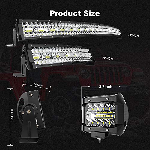 TERRAIN VISION 52Inch Curved 975W + 22Inch 390W Light Bar Triple Row Spot Flood Combo Off Road Lights Kits + 4Pcs 4in 60W Driving Fog Lights W/Wiring Harness Kit For Jeep Trucks Boat Lighting