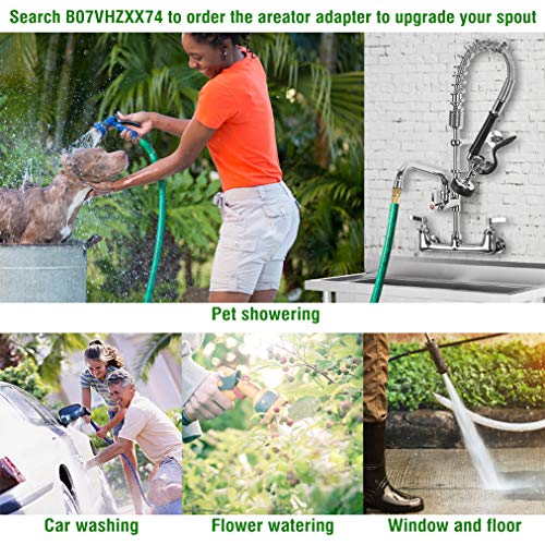 JZBRAIN Double Handle Commercial Kitchen 25" Height 8" Center Wall Mount Faucet with Pull Down Pre-Rinse Spray and Add-on Swing Spout