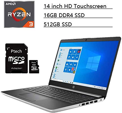 Newest HP 14 Laptop, 14" HD Touchscreen, AMD Ryzen 3 3200U, 16GB DDR4 SSD, 512GB SSD, AMD Radeon Vega 3 Graphics, Bluetooth,WiFi, HDMI, Windows 10 Home + Ptech 16GB Micro SD Card