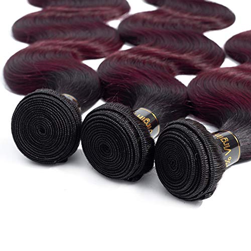 12A Brazilian Remy Hair Body Wave Bundles with Closure 2 Tone Ombre Hair 20" 18" 16" with 14" Free Part Burgundy Dark Wine Red Two Tone Ombre Bundles with Lace Closure