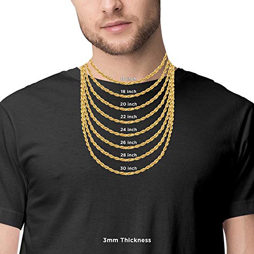14K Yellow Gold Diamond Cut Rope Chain Necklace for Men and Women – Measures 3mm Thickness x 16 Inches Length