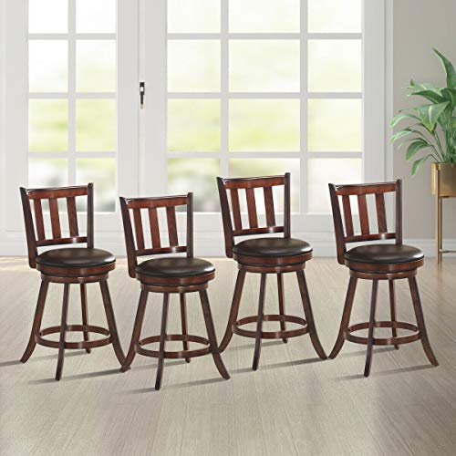 COSTWAY Bar Stools Set of 4 Counter Height Fabric Upholstered 360 Degree Swivel PVC Cushioned Seat Perfect For Dining Room Height 24.5''