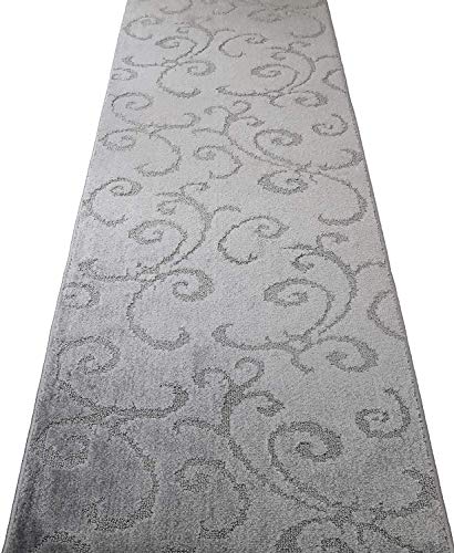 Custom Length Hallway Runner Rug,Slip Resistant,Scroll Grey, 26 Inch X 27 feet, Sold and Priced Per Foot