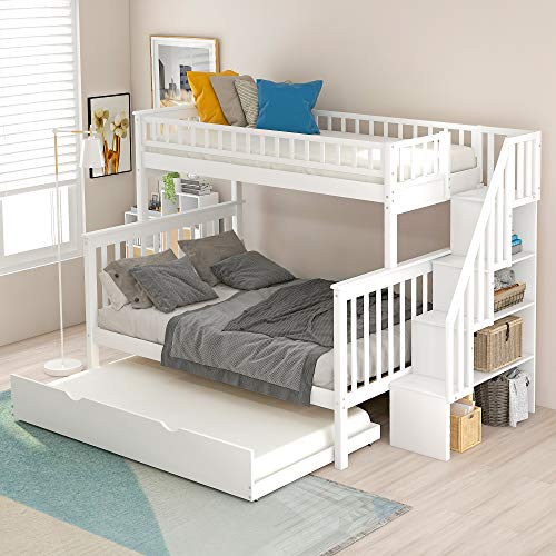 Merax Twin Over Full Stairway Bunk Bed with Storage and Trundle Bed, No Box Spring Required, White
