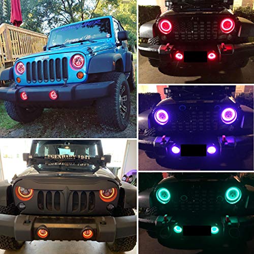 DOT Approved 7in RGB Halo Jeep Wrangler Headlights + 4in RGB LED Fog Lights Halo Ring Amber Combo Kit For Jeep Wrangler 1997-2019