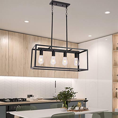 VINLUZ Rectangular Metal Chandelier.6 Light Black Linear Industrial Pendant Lights Cage Island Ceiling Lighting Fixture for Dining Room Kitchen
