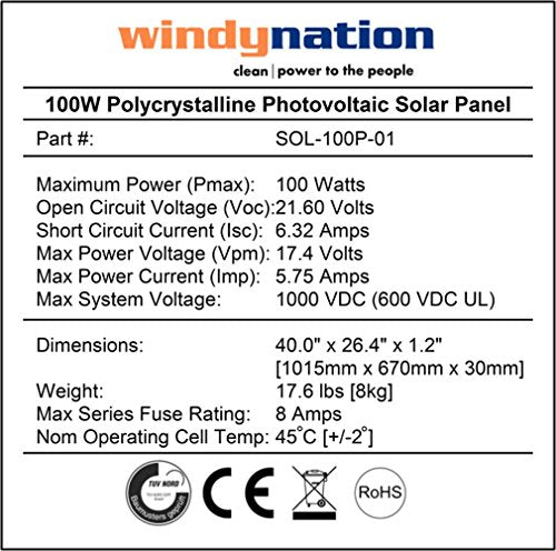 WindyNation 100 Watt Solar Panel Kit + 1500W VertaMax Power Inverter + 100ah AGM Deep Cycle Battery for RV, Boat, Off-Grid 12 Volt
