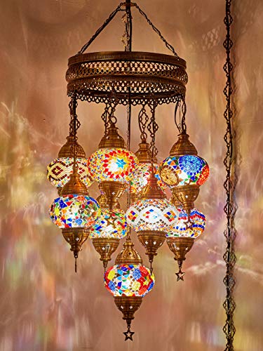 (Customizable Globes) DEMMEX 2019 Hard-Wired or PLUGIN 1,3,5,7,9 Globes Chandelier Lights Turkish Moroccan Mosaic Ceiling Hanging Pendant Chandelier Light Lighting (9 Globes PlugIn, 41")