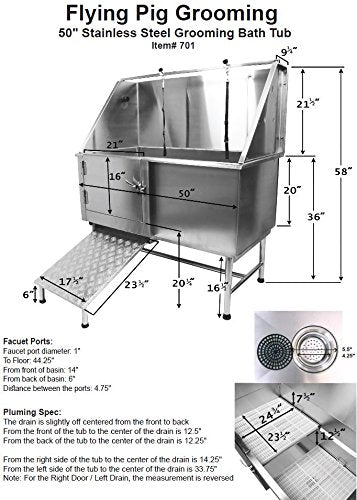 Flying Pig Grooming 50" Stainless Steel Pet Dog Bath Tub with Faucet (Left Door/Right Drain), 50 x 27 x 58