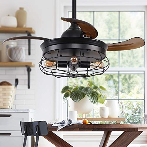 Vintage Ceiling Fan with Lights 34 Inch Retractable 3 Blades Industrial Chandelier Ceiling Fan with 4 Edison Bulbs, Not Included, Black