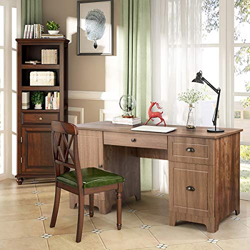 Tangkula 59 Inches Computer Desk, Wood Executive Desk Home Office Desk with Storage Drawers & Cabinet, Writing Study Table Computer Workstation, PC Laptop Desk for Bedroom & Office (Natural)