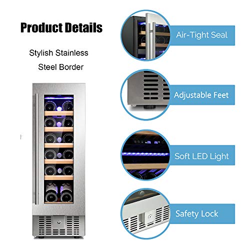 Antarctic Star 12 Inch Wine Cooler Beverage Refrigerator Beer Mini Fridge 18 Bottles Single Zone Built-in Freestanding Stainless Steel