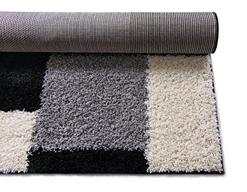 Modern Shag Geometric 8x10 (7'10" x 9'10") Area Rug Cubes Black & Cream Plush Shag Blocks & Squares Plush Shag Easy Care Thick Soft Plush Living Room�