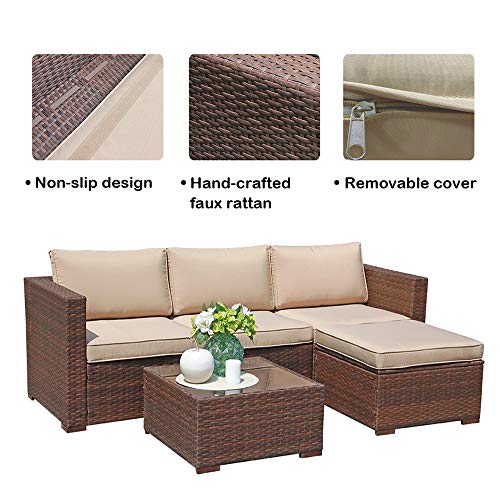 Super Patio Outdoor Patio Furniture Set, 5pc PE Wicker Rattan Sectional Furniture Set with Cushions and Coffee Table, Brown