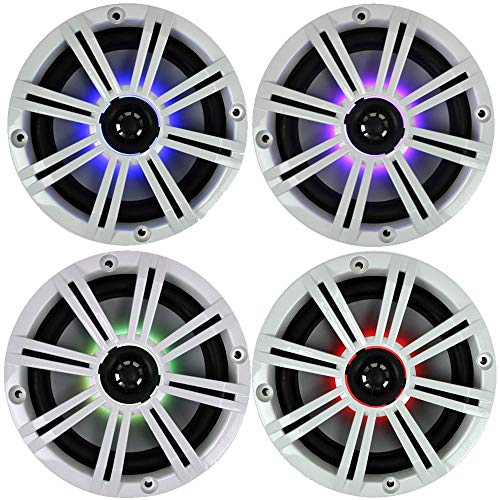 4) Kicker OEM Replacement 6.5" 195W LED Marine Audio Coaxial Stereo Speakers with Silver Grilles
