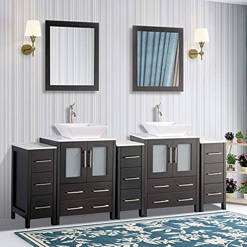 Vanity Art 84 Inch Double Sink Bathroom Vanity Compact Set 5 Cabinets 2 Shelves 13 Dove-Tailed Drawers Quartz Top and Ceramic Vessel Sink Bathroom Cabinet with Free Mirror VA3124-84-E