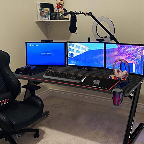Lemberi Gaming Desk W/ RGB LED Lights Y-Shaped Computer Large Mouse Pad Pro Station W/ USB Handle Rack Cup Holder & Headphone Hook