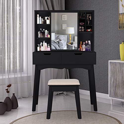 Vanity Set with Moving Mirror & Cushioned Stool Dressing Table Vanity Makeup Table, 2 Sliding Drawers,5 Storage Shelves, Jewelry Armoire Makeup Organizer Vanity Desk (Black)