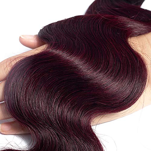 12A Brazilian Remy Hair Body Wave Bundles with Closure 2 Tone Ombre Hair 20" 18" 16" with 14" Free Part Burgundy Dark Wine Red Two Tone Ombre Bundles with Lace Closure