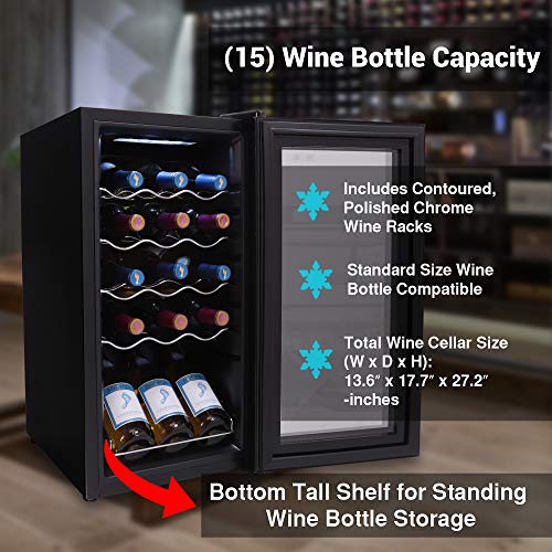 15 Bottle Wine Cooler Refrigerator White and Red Wine Fridge Chiller Countertop Wine Cooler 15 Bottle Capacity Digital Control Glass Door